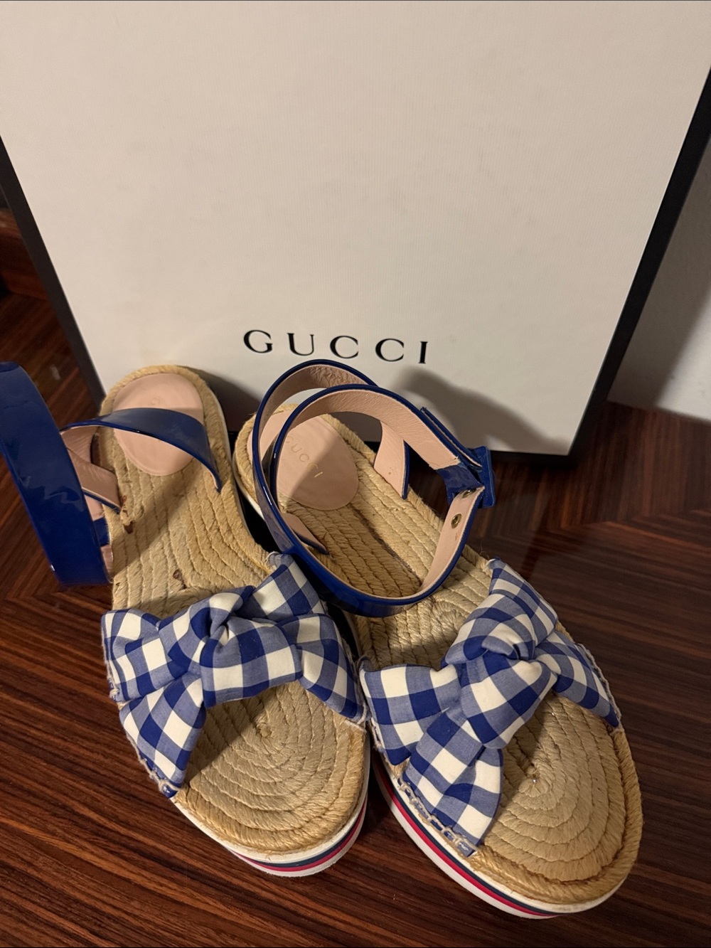 Gucci Blue and White Gingham Bow Espadrille Sandals